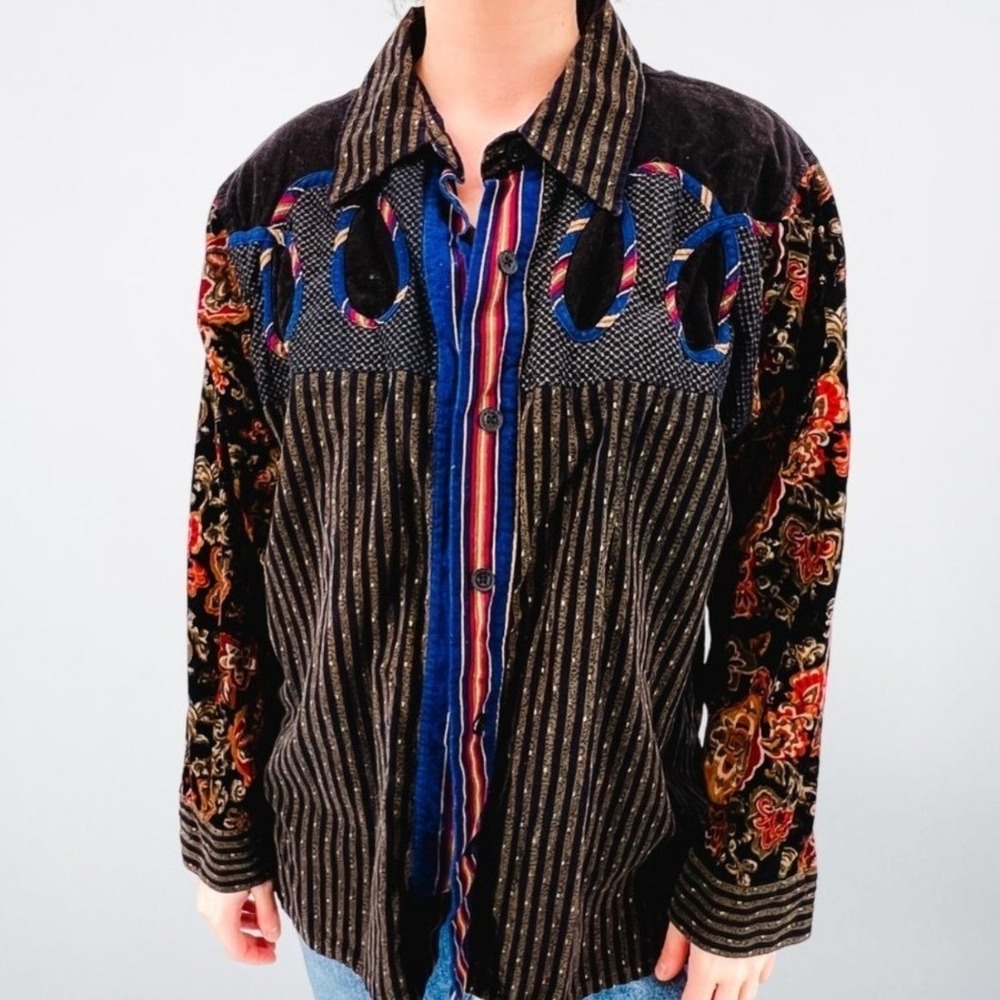 Koos of Course! Vintage Velvet Patchwork Floral Tapestry Shirt Womens 1X Multi